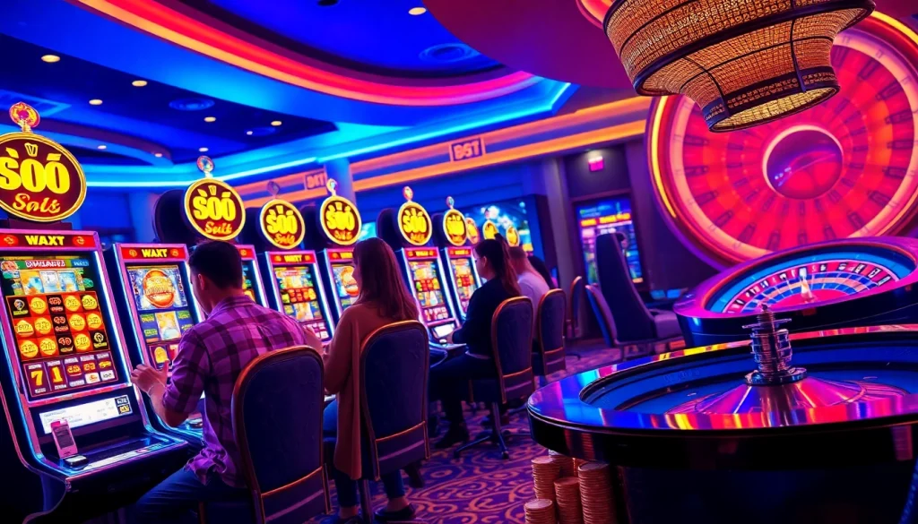 Para pemain menikmati sensasi mesin slot dewanaga89 dalam suasana kasino yang meriah.