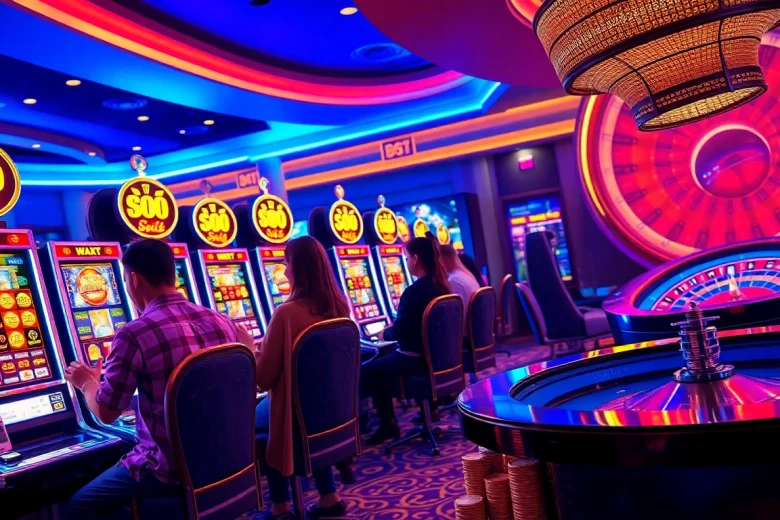 Para pemain menikmati sensasi mesin slot dewanaga89 dalam suasana kasino yang meriah.