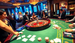 Engaging players enjoying the C168 casino experience with poker chips and a roulette wheel.