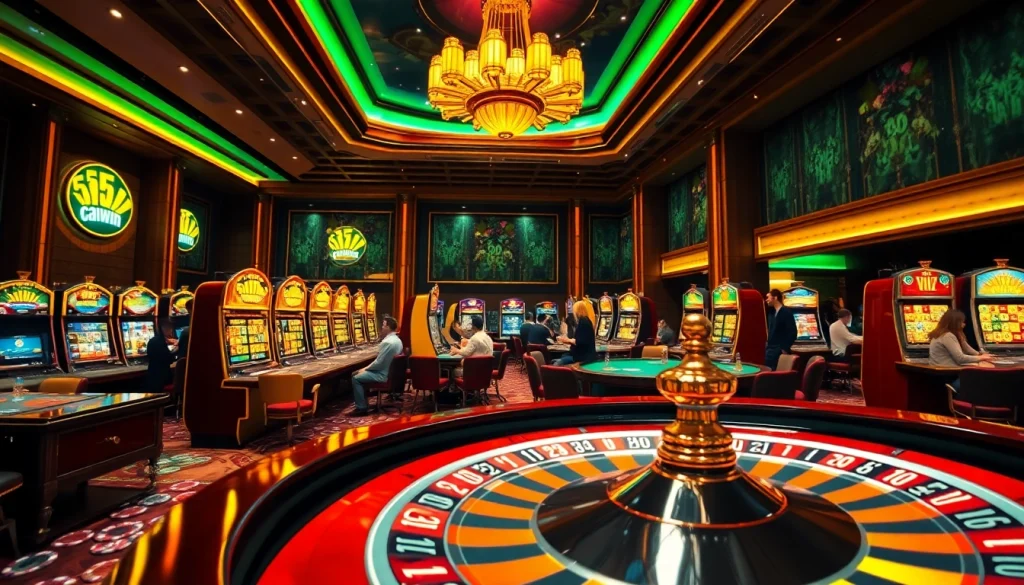 Experience the thrill of 555win with a vibrant casino scene filled with action and excitement.