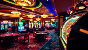 Exciting gambling scene at 98win com showcasing lively casino tables and vibrant slot machines.