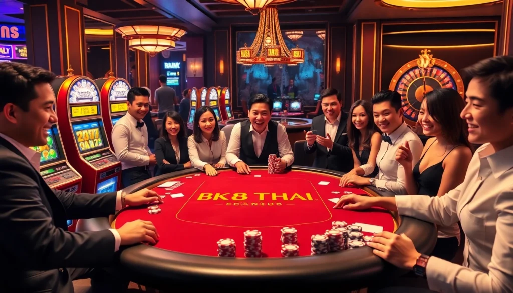 Players enjoying a thrilling game at the BK8THAI casino table, showcasing excitement and luxury.