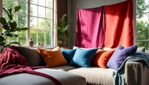 Fluweel stoffen in diverse kleuren en texturen, prachtig gepresenteerd in een moderne interieur.