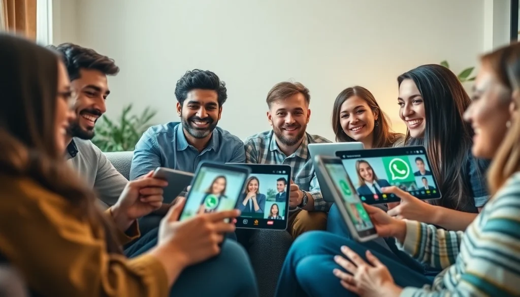 多设备上通过 WhatsApp网页版连接的多元用户互动场景。