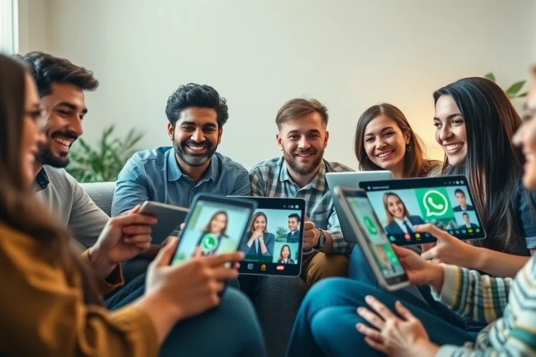 多设备上通过 WhatsApp网页版连接的多元用户互动场景。