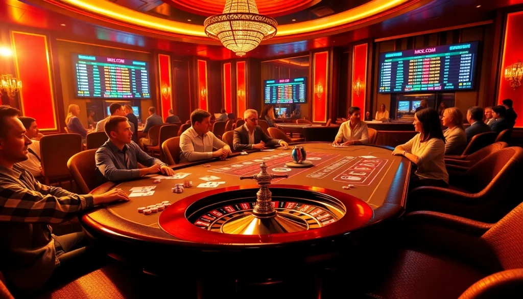 A dynamic casino scene featuring intense blackjack gameplay at MK8.COM, showcasing vibrant poker chips and a roulette wheel.