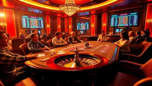 A dynamic casino scene featuring intense blackjack gameplay at MK8.COM, showcasing vibrant poker chips and a roulette wheel.