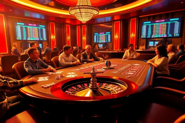 A dynamic casino scene featuring intense blackjack gameplay at MK8.COM, showcasing vibrant poker chips and a roulette wheel.