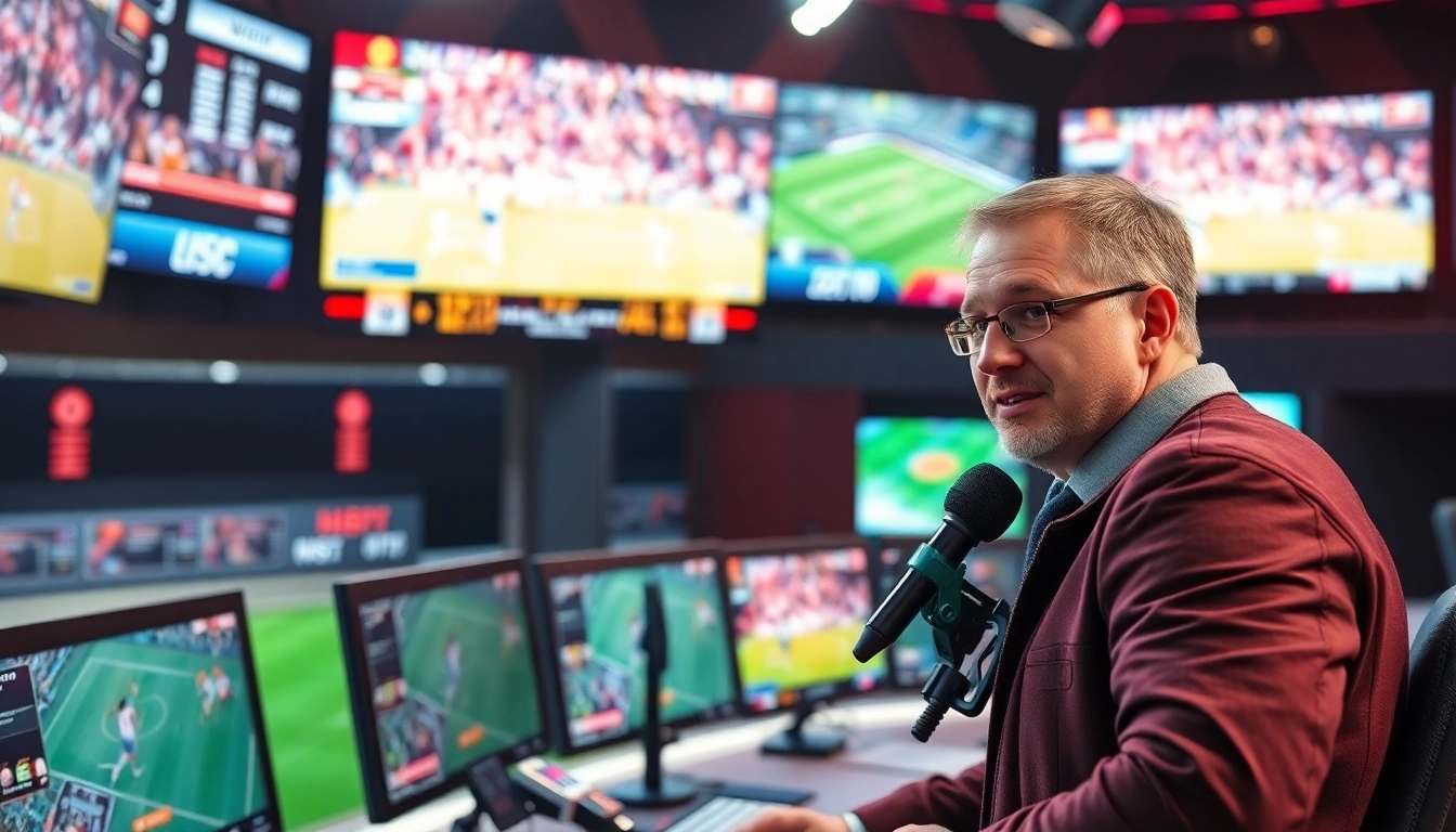 Engaging view of sports broadcasting studio highlighting energetic announcer in action