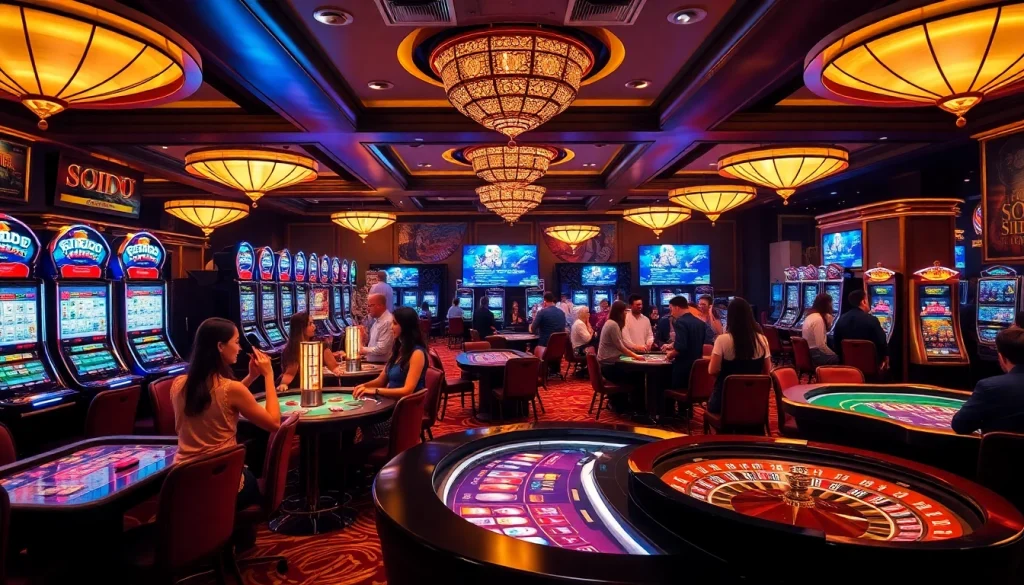 Experience the excitement of gaming at SODO Casino, featuring players at vibrant tables and machines.