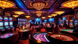 Experience the excitement of gaming at SODO Casino, featuring players at vibrant tables and machines.