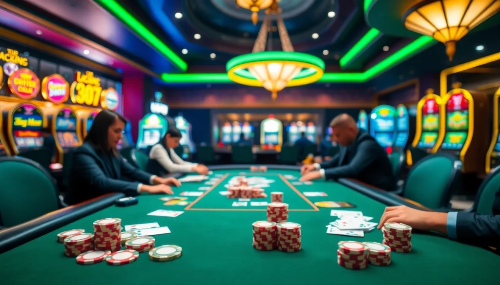 Engaged gamblers at a poker table in a vibrant S8.COM casino environment, surrounded by excitement.