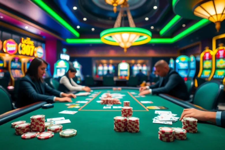 Engaged gamblers at a poker table in a vibrant S8.COM casino environment, surrounded by excitement.