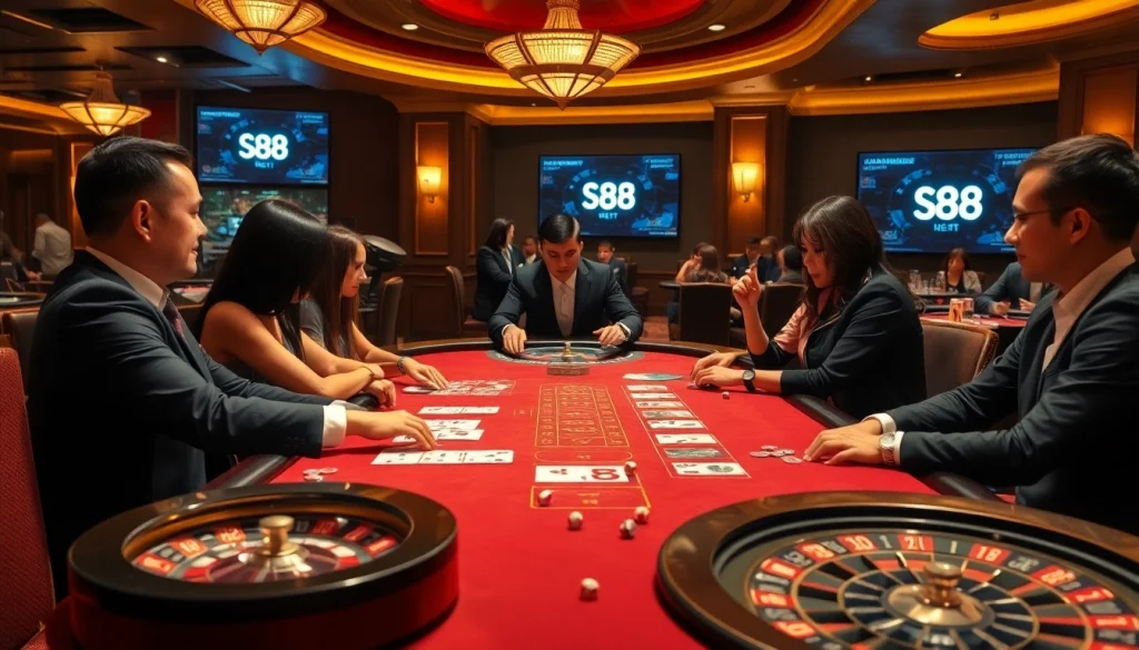 Players enjoying s88 bet at luxurious casino tables with poker chips and roulette wheels.