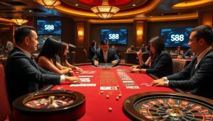 Players enjoying s88 bet at luxurious casino tables with poker chips and roulette wheels.