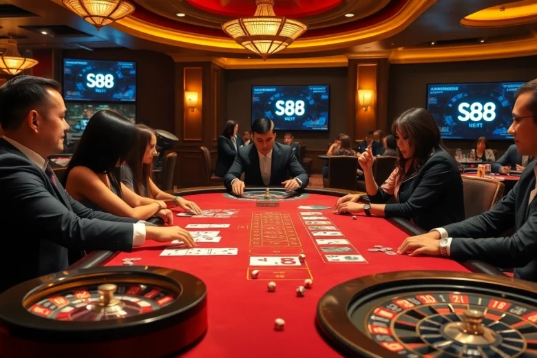 Players enjoying s88 bet at luxurious casino tables with poker chips and roulette wheels.