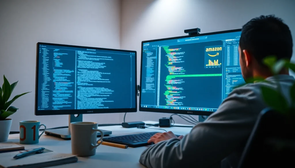 Software engineering workspace with coder analyzing Amazon price tracker.