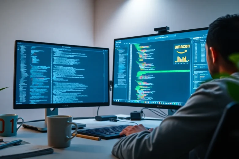 Software engineering workspace with coder analyzing Amazon price tracker.