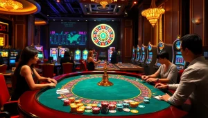 Experience the thrilling atmosphere of bk8thai, showcasing an exciting casino scene with vibrant tables and players.
