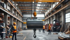 Electric chain hoist crane lifting heavy metal load in a professional industrial setting