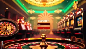SBOBET login interface in a vibrant casino setting with roulette wheels, embodying excitement and opportunity.