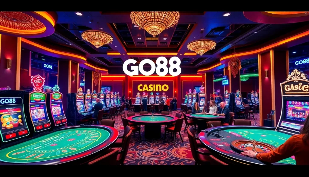Players enjoying blackjack and poker at GO88's elegant casino, showcasing vibrant gaming atmosphere.