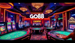 Players enjoying blackjack and poker at GO88's elegant casino, showcasing vibrant gaming atmosphere.