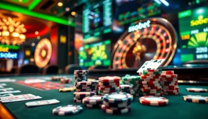 SboBet players enjoying high-stakes poker at a luxurious casino table with vibrant chips and cards.