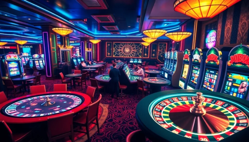 A vibrant casino scene featuring poker tables, roulette wheel, and slot machines, emphasizing u888 com gaming excitement.