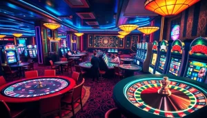 A vibrant casino scene featuring poker tables, roulette wheel, and slot machines, emphasizing u888 com gaming excitement.