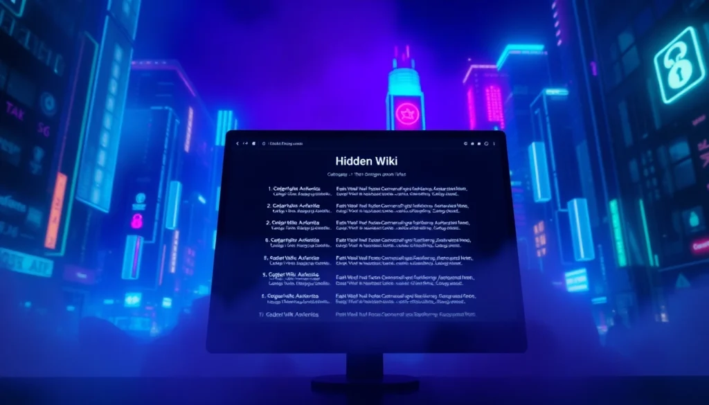 Explore the Hidden Wiki dark web with an intriguing digital interface and neon-lit cityscape.