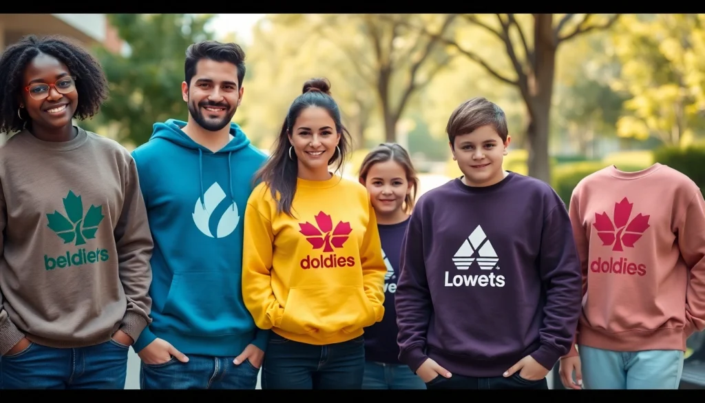 Džemperiai su logotipu rodomi draugiškoje lauko aplinkoje, kur matomi įvairūs dizainai ir ryškūs logotipai.