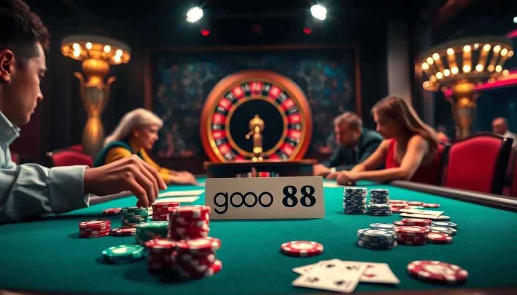 Experience an exciting poker showdown at a luxurious casino while engaging with goo88 betting options.
