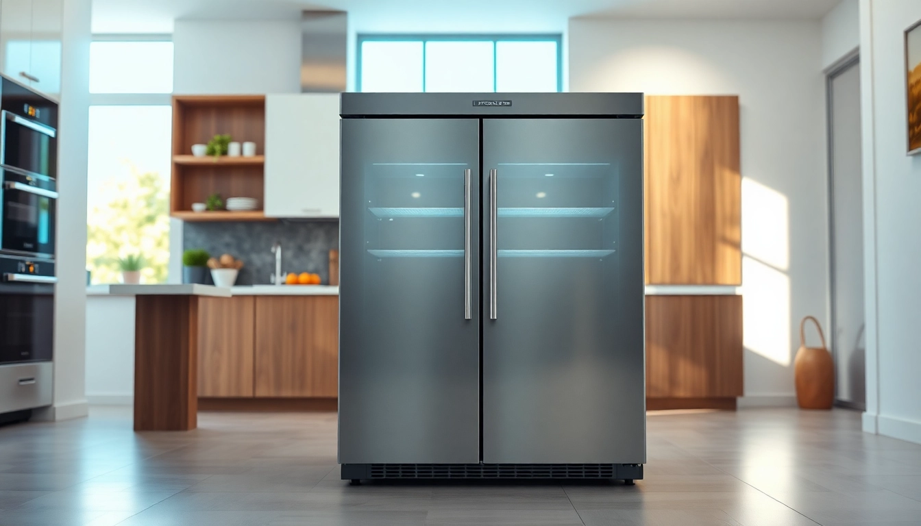 Showcase of a modern freezer in a contemporary kitchen with bright lighting and sleek design.