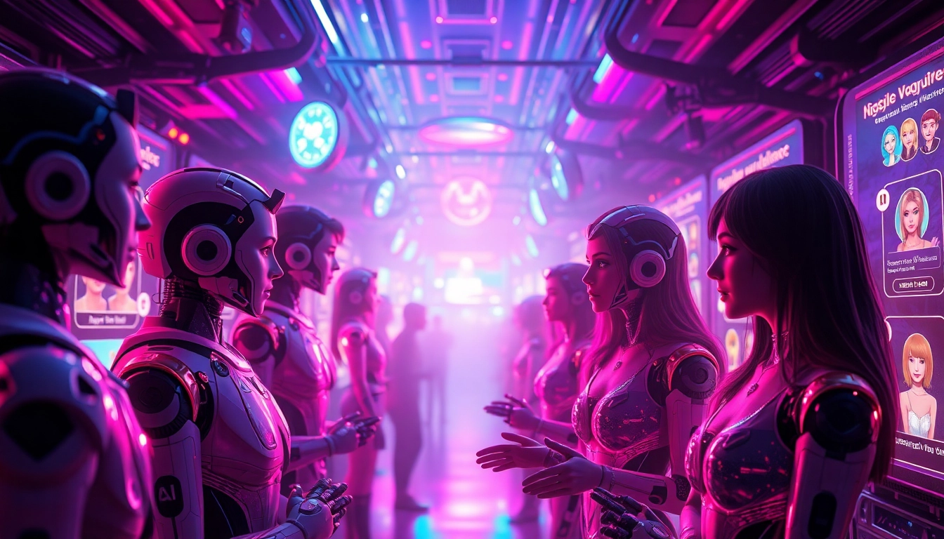 Engaging depiction of NSFW AI chatbots interacting with users in a vibrant digital landscape, emphasizing modern aesthetics.