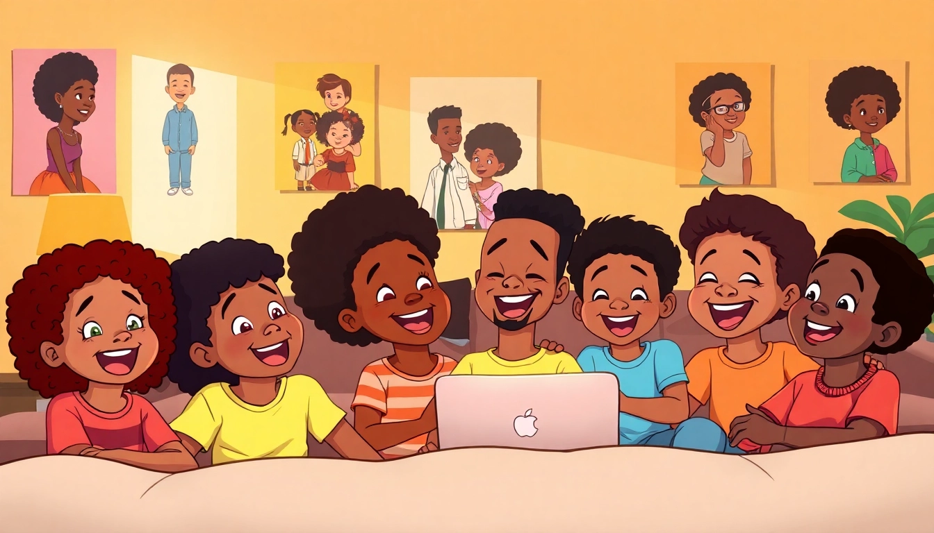 A vibrant scene of children enjoying African American cartoons in a cozy living room, emphasizing joy and cultural representation.