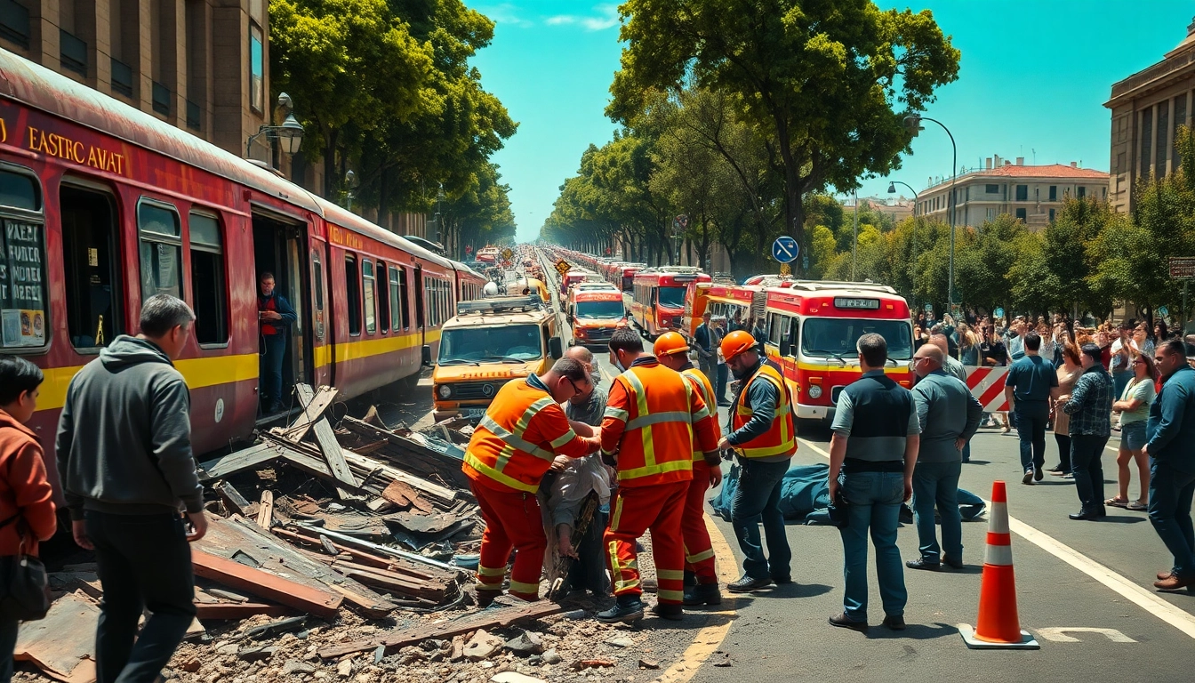 The scene of spain train crash showing first responders aiding a passenger amid chaos.