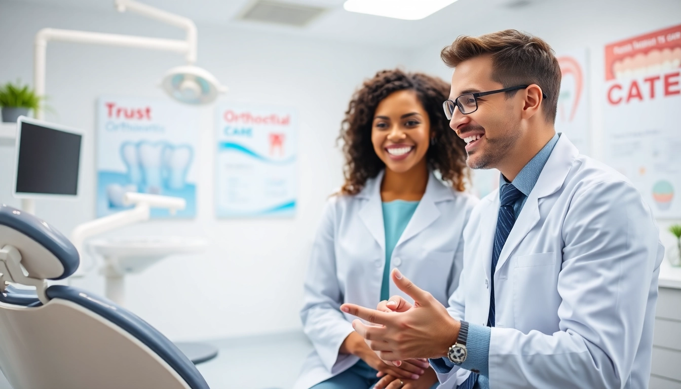Orthodontics consultation in a professional setting with an orthodontist explaining treatment options.