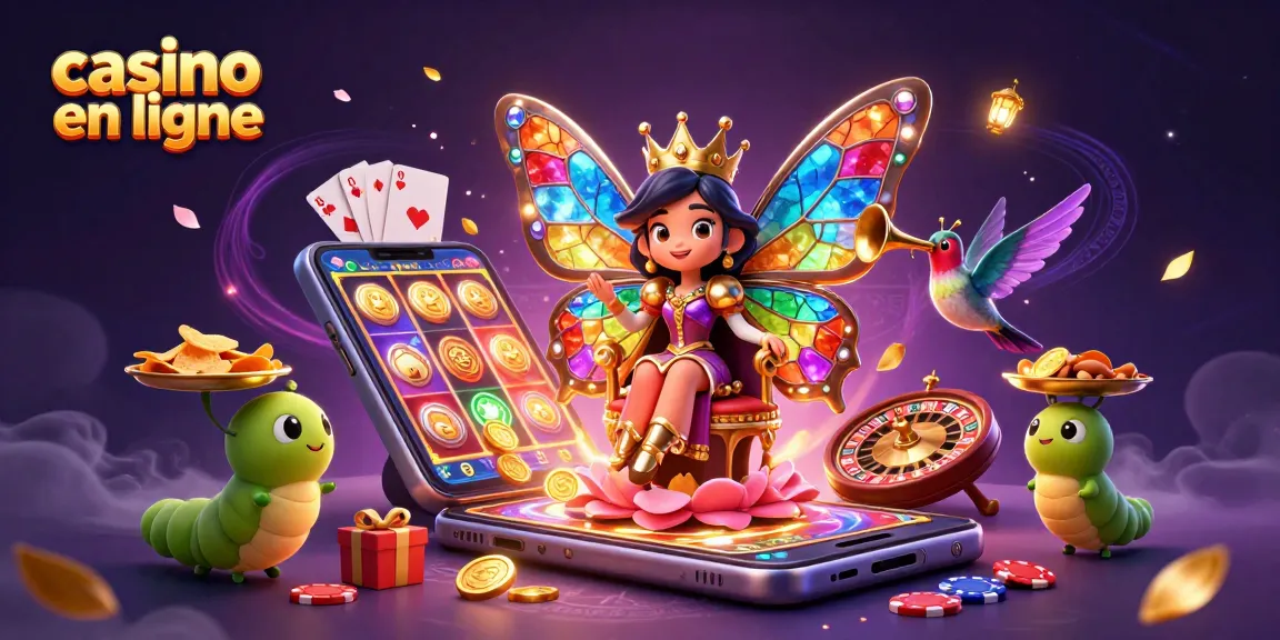 Visualisez une expérience de casino en ligne immersive avec un papillon reine et des éléments de jeu colorés.