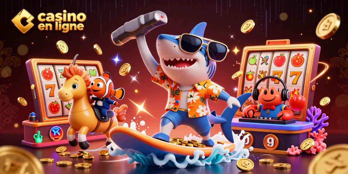 Vivez l'expérience du casino en ligne avec un requin en 3D surfant sur des pièces d'or et des jackpots.